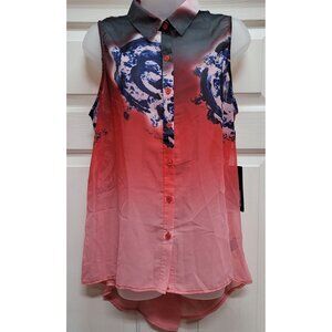 LOVE STITCH Button-Front Sleeveless Collared Blouse Multicolored Tightens Back L